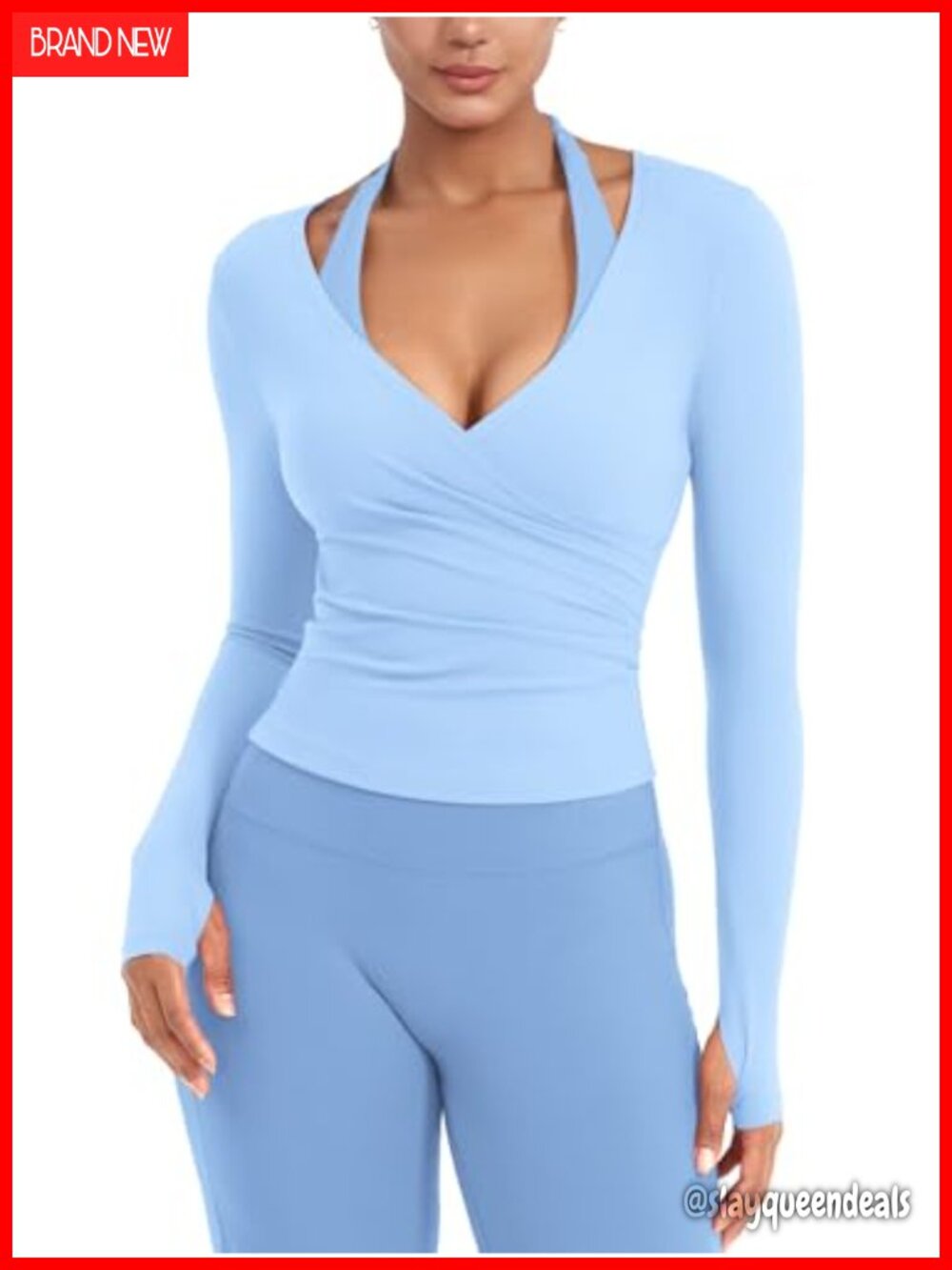 Women Workout Wrap Top Long Sleeve Thumb Holes Slim Fit V-Neck Activewear